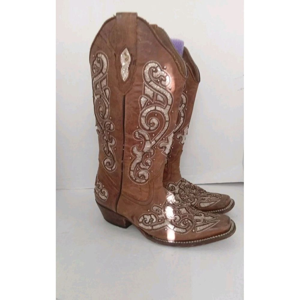Western Cowgirl Boots Brown Leather Embroidered Floral Design Square Toe - Picture 3 of 7